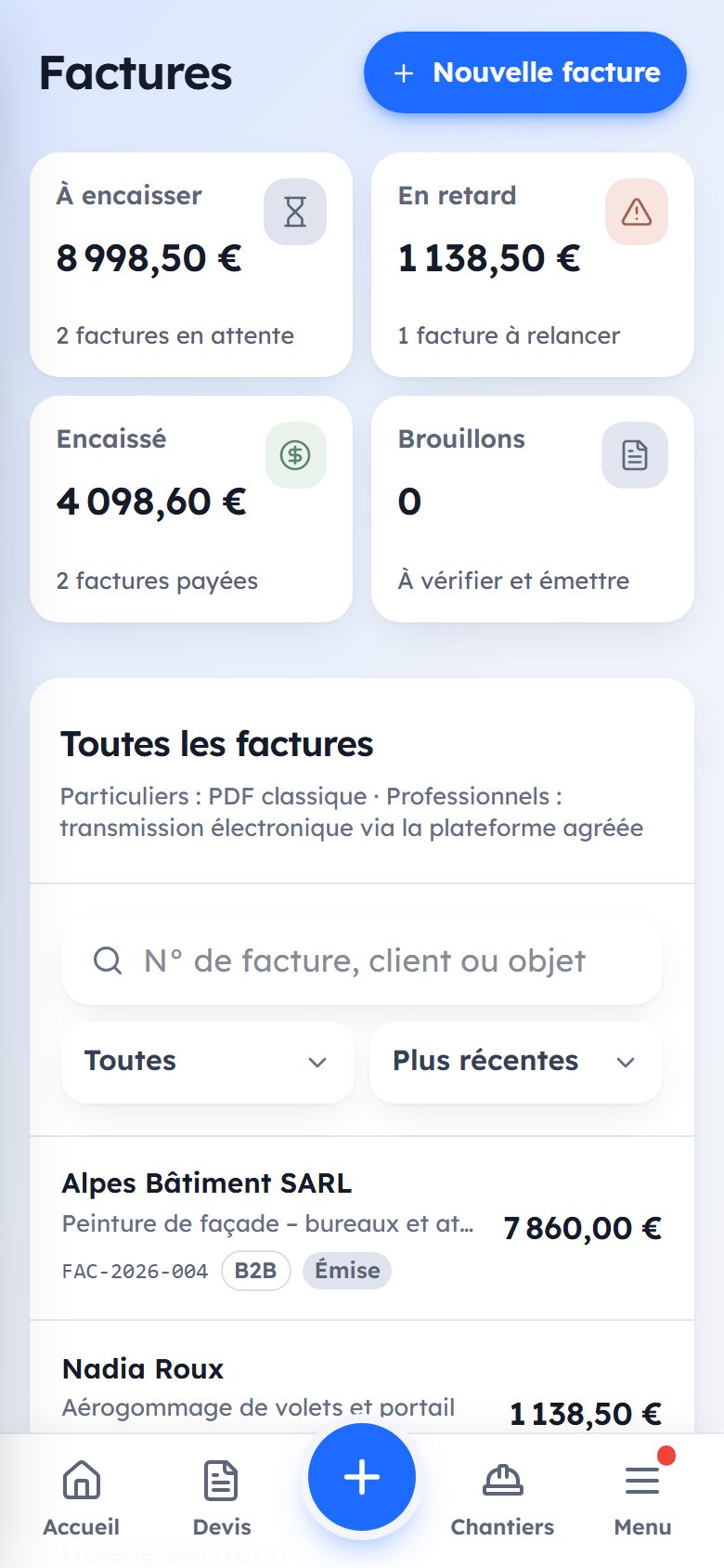 Les factures : à encaisser, en retard, encaissé